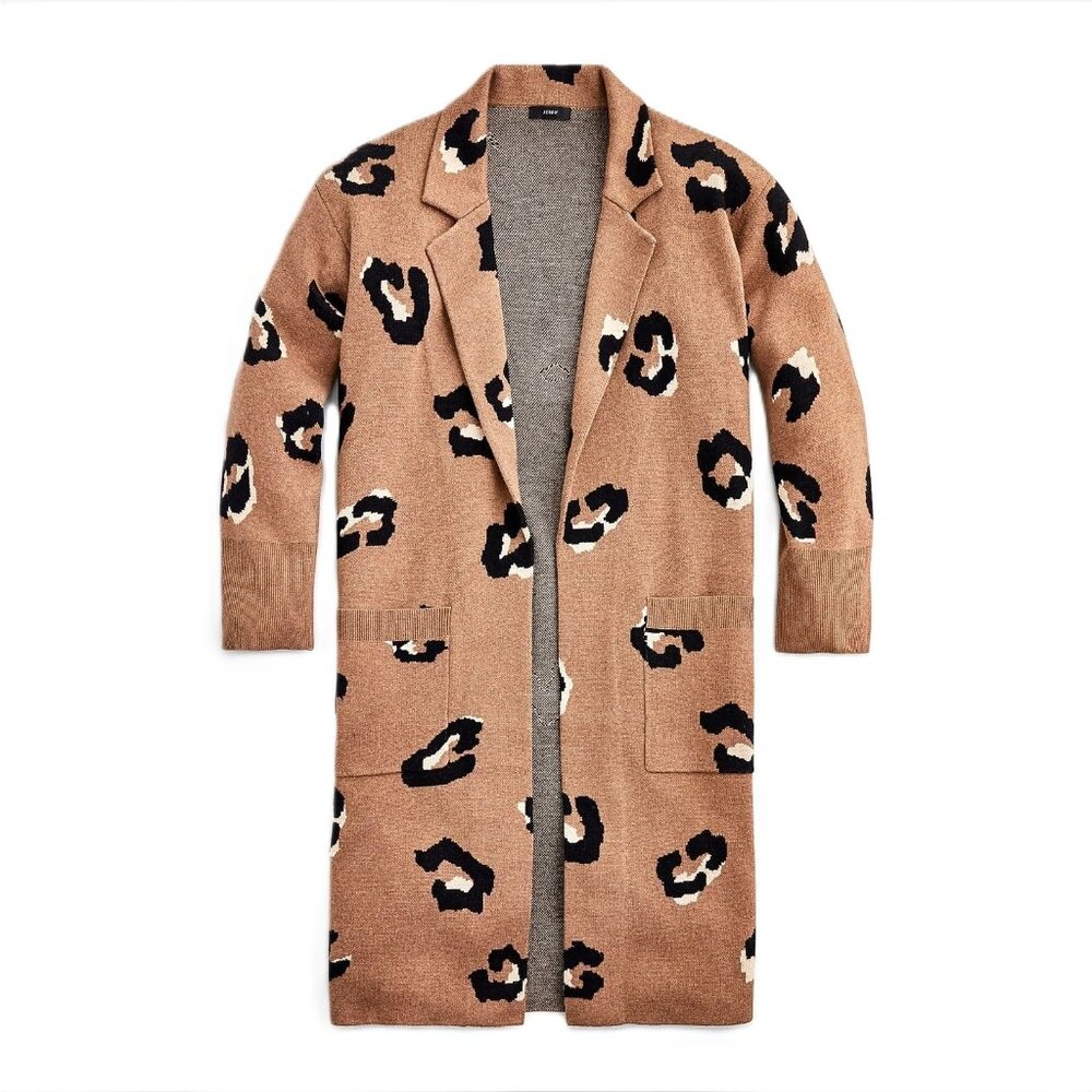 NWT J.Crew Ella Heather Dark Camel Leopard Open-Front Sweater Blazer Cardigan M